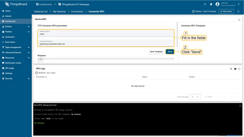 RPC terminal with read request parameters filled in