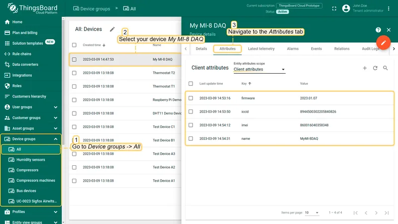 Device attributes tab showing IMEI, ICCID, and firmware version