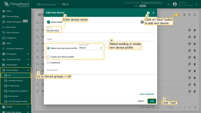 Create a new device in ThingsBoard