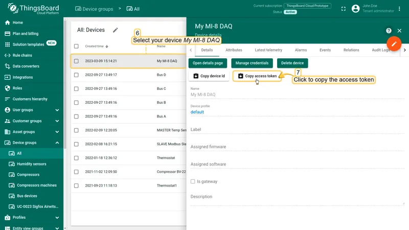 Copy the auto-generated access token from device details