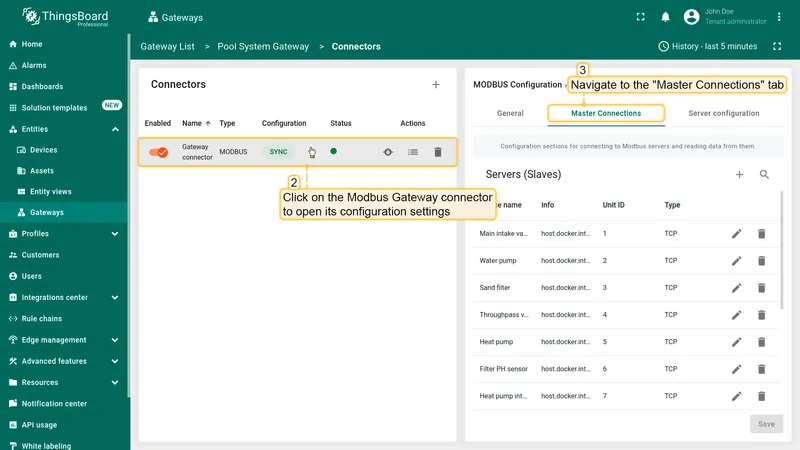 Pool Connector Master Connections tab with device settings