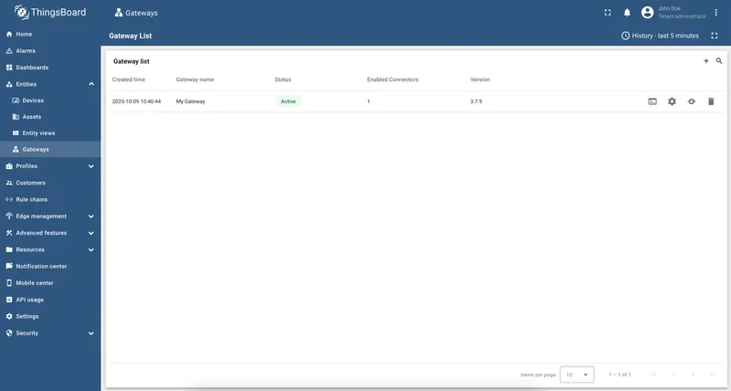 Gateway list page showing all gateways with status, connectors count, and version