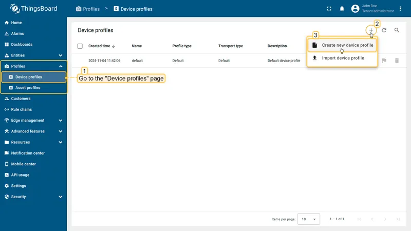 Device profiles page with the Create new device profile option