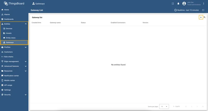 Gateways page with the add button highlighted