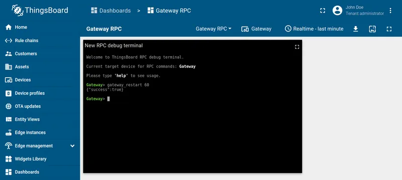 RPC debug terminal showing gateway_restart scheduled response