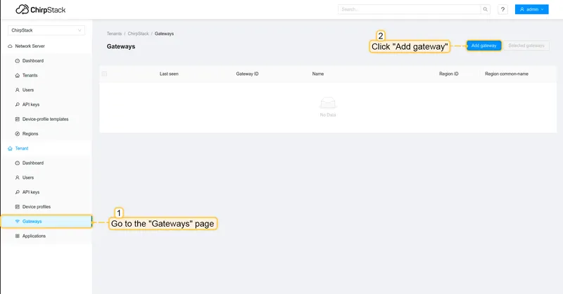 Login to Chirpstack server. Go to the "**Gateways**" page and click on the "**Add gateway**" button.