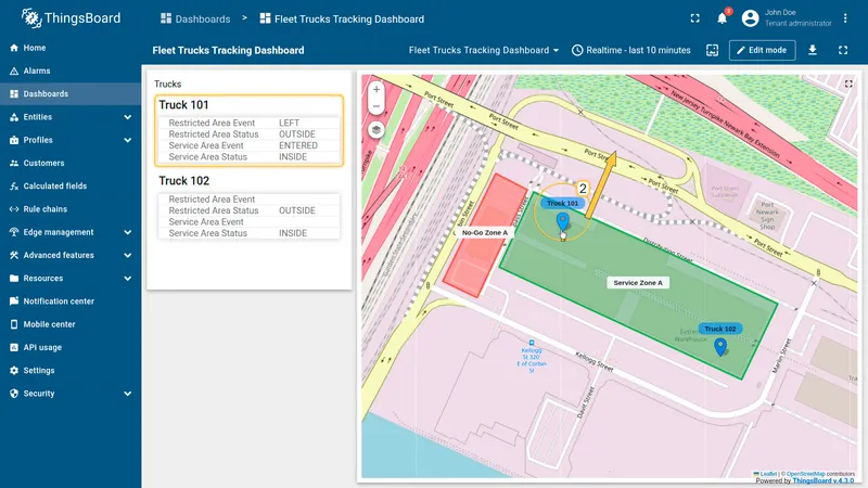 Fleet dashboard — Truck 101 enters service area