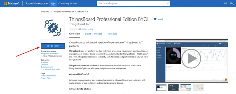 Azure Marketplace page
