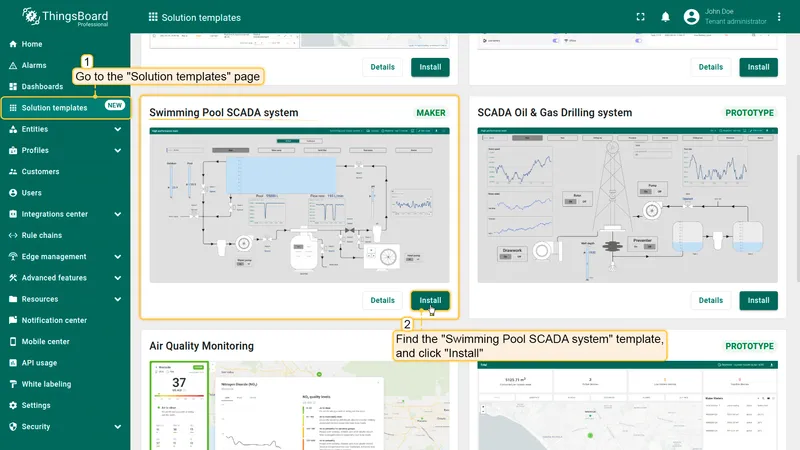 Solution templates page with Swimming Pool SCADA system