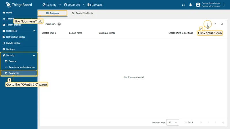 ThingsBoard OAuth 2.0 Domains tab