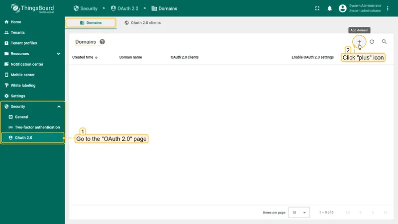 ThingsBoard OAuth 2.0 Domains tab