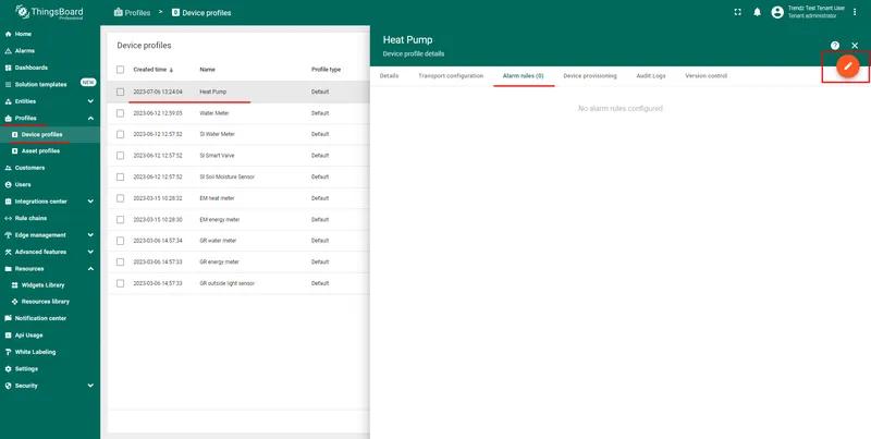 Create anomaly score alarm in ThingsBoard device profile