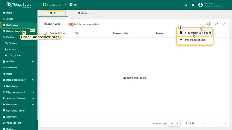 Open the **Dashboards** page. Click on the **"+"** icon in the top right corner. Select **"Create new dashboard"**