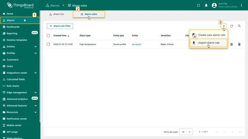 Alarms page with Alarm rules tab and Import alarm rule option