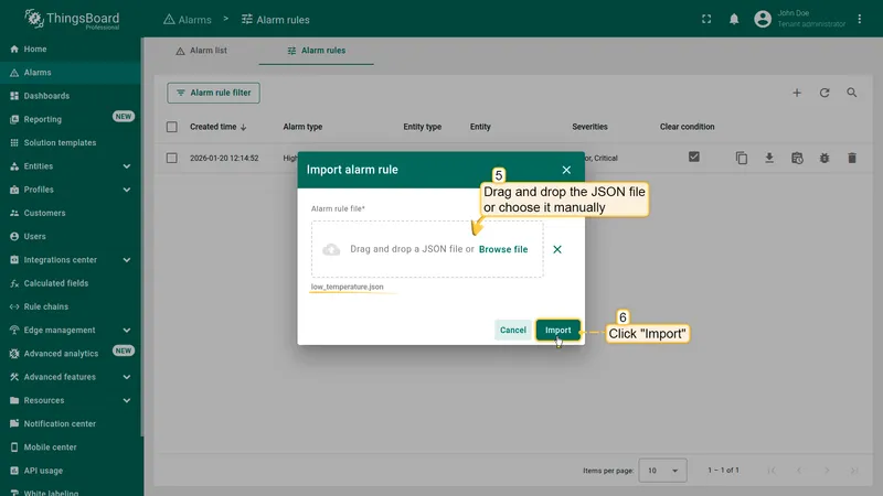 Import alarm rule dialog with file upload area