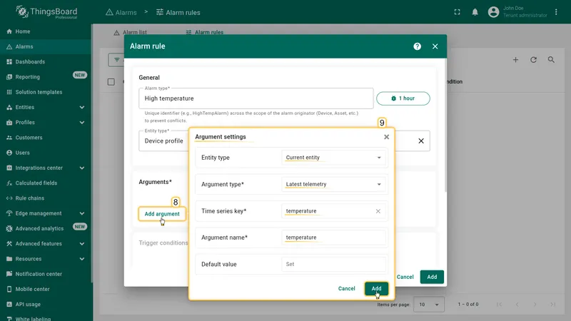 Add argument button and Argument settings dialog