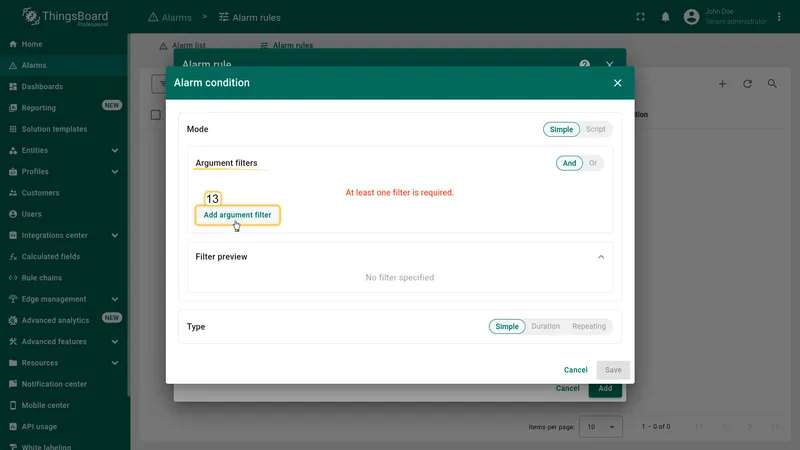 Alarm condition dialog with Add argument filter button
