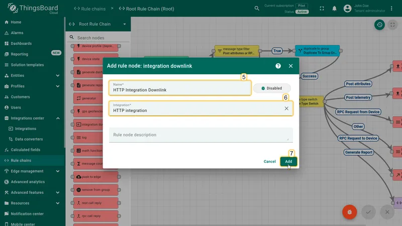 Add rule node dialog — name set to HTTP Integration Downlink, integration set to HTTP integration