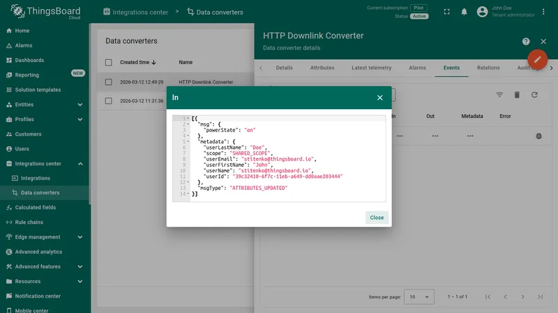 Downlink converter event In — ATTRIBUTES_UPDATED message with powerState: on