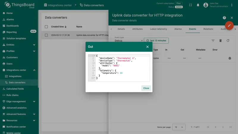 Converter event Out — decoded result with deviceName, attributes, telemetry