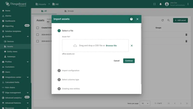Import assets dialog with office-assets.csv selected
