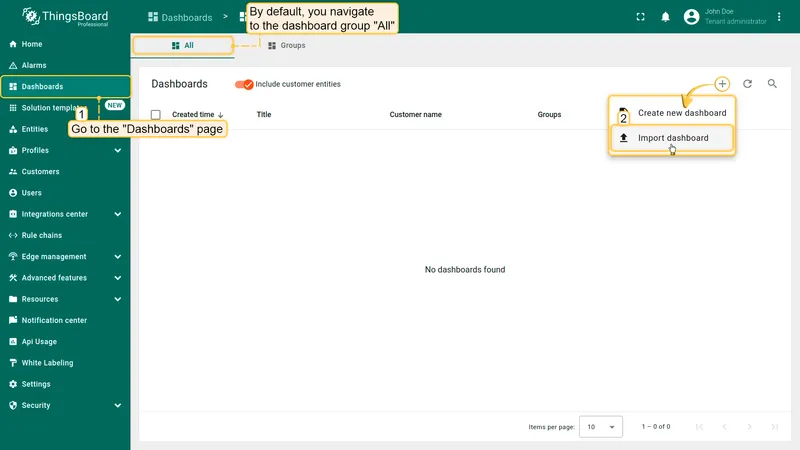 Navigate to the "**Dashboards**" page. By default, you navigate to the dashboard group "All". Click on the "**+**" icon in the top right corner. Select "**Import dashboard**".