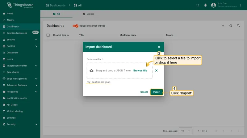 In the dashboard import window, upload the JSON file and click "**Import**" button.