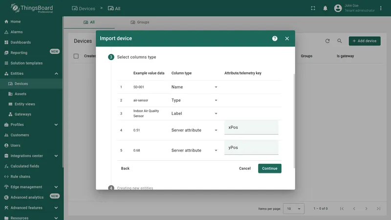 Import device dialog Step 3 column mapping including attributes xPos and yPos
