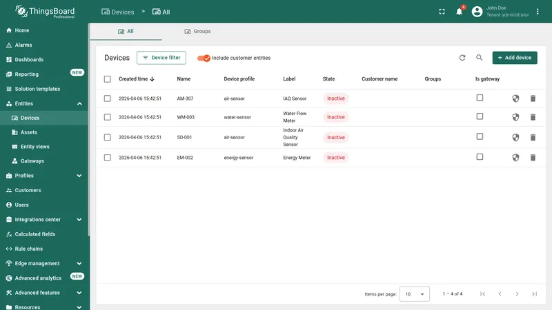 Devices table showing newly imported devices with names labels and inactive state