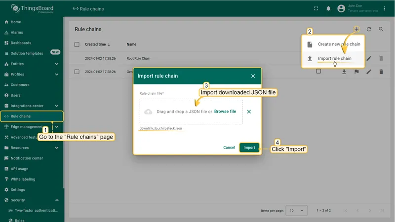 Import rule chain dialog