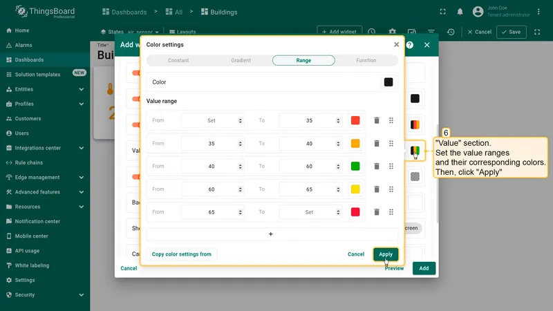 Color settings dialog with Range tab for value color configuration