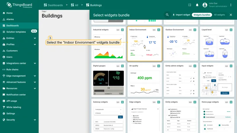 Widget bundles panel with Indoor Environment bundle highlighted