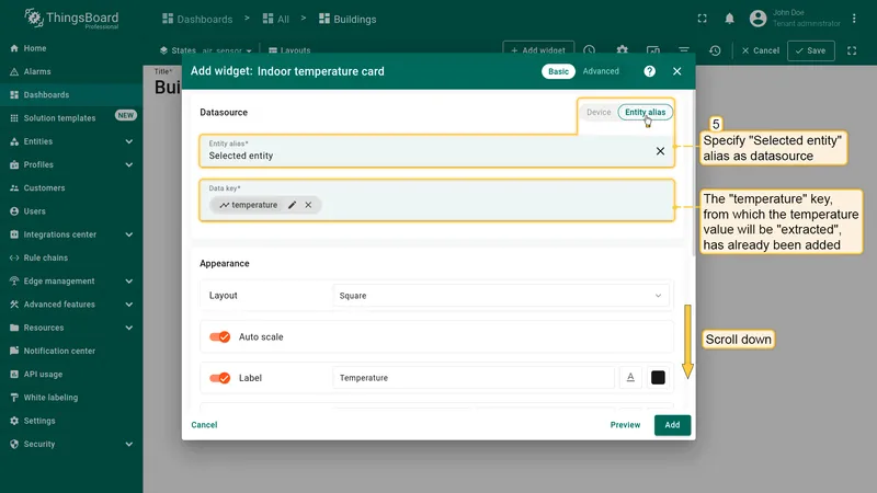 Widget configuration with Selected entity alias and temperature key