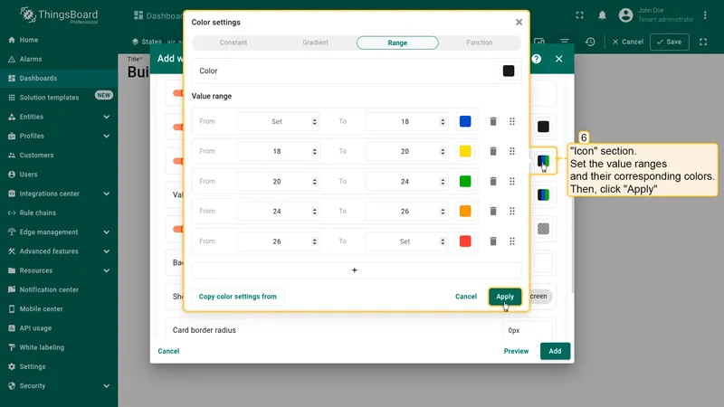 Color settings dialog for Icon section with value ranges