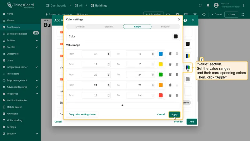 Color settings dialog for Value section with value ranges