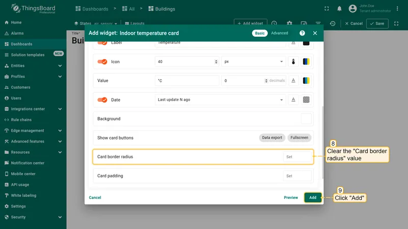 Widget appearance settings with Card border radius field cleared