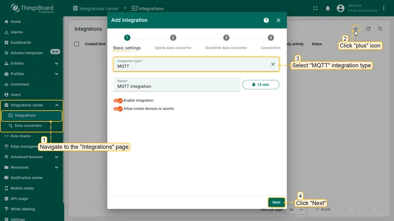 Add integration dialog with MQTT type selected