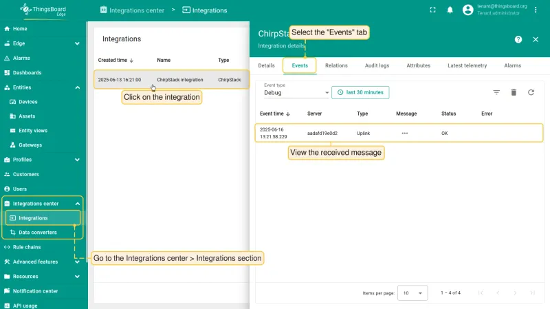 ChirpStack integration Events tab