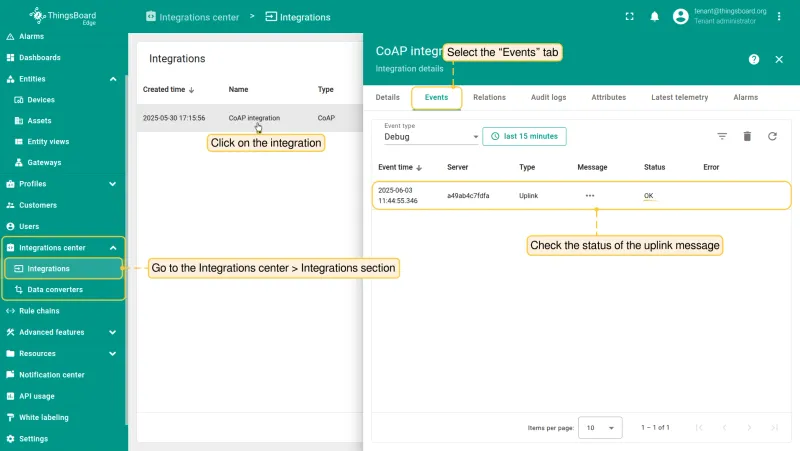 Integration Events tab showing uplink message with status OK