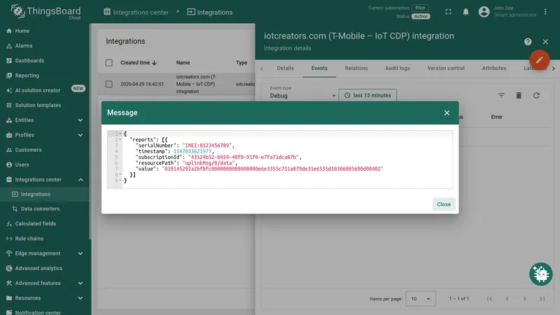 IoT Creators integration message payload details dialog