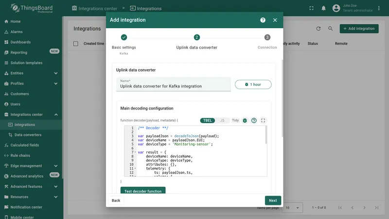 Add integration wizard — Uplink data converter step: converter name entered, decoder script visible in TBEL mode, Test decoder function button at the bottom