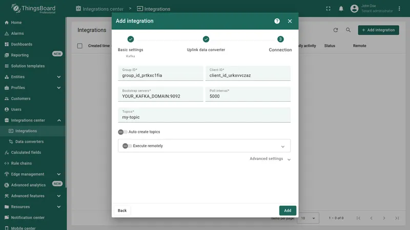 Add integration wizard — Connection step: Group ID, Client ID, Bootstrap servers (YOUR_KAFKA_DOMAIN:9092), Poll interval 5000, Topics (my-topic), Auto create topics toggle off, Execute remotely collapsed, Add button
