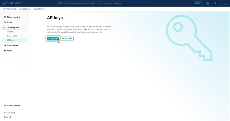 Confluent Cloud — Data integration → API keys page with no keys yet and Create key button highlighted