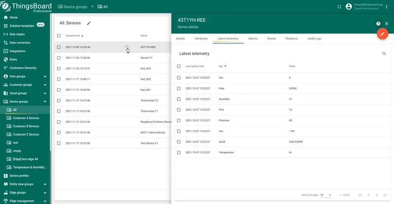 ThingsBoard Devices page — device 43T1YH-REE selected with Latest telemetry tab showing decoded values: Temperature, Humidity, Fan, Pressure, Port, Freq, rssi, and serial
