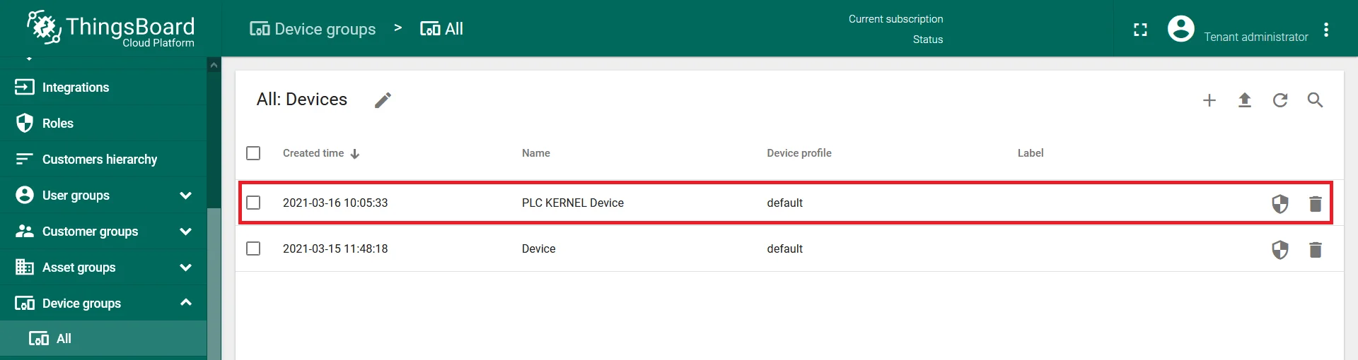 Device details panel