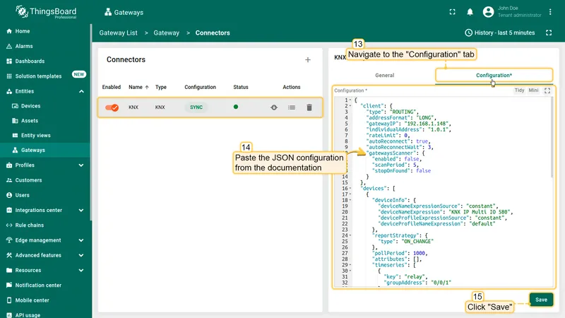 In the created connector, go to "**Advanced**" section and paste the JSON configuration below. Replace host and port configuration parameter values with the device's host and port. Click on "**Save**" button.