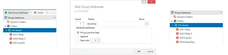 Click on "Add Group Addresses" and in the opened modal window fill in "Name" field with "Stop/Step" value, click "OK" button.