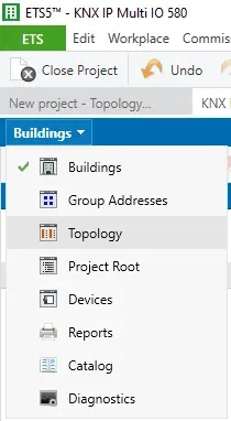 Under the projects tabs bar click on "**Buildings**" dropdown list and select "**Topology**" from the list.