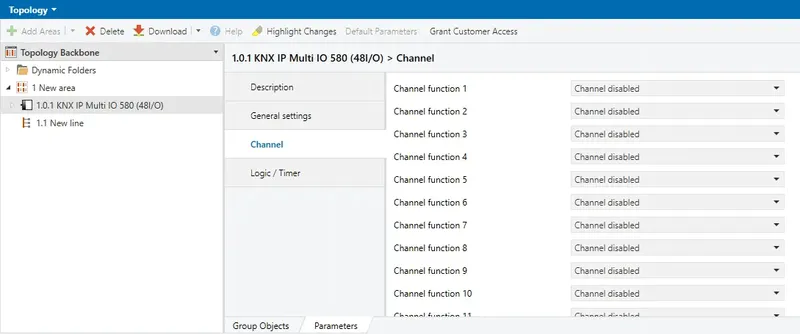 Click on added device in the left sidebar and select "**Parameters**" tab in the side right window. Select "**Channel**" tab.