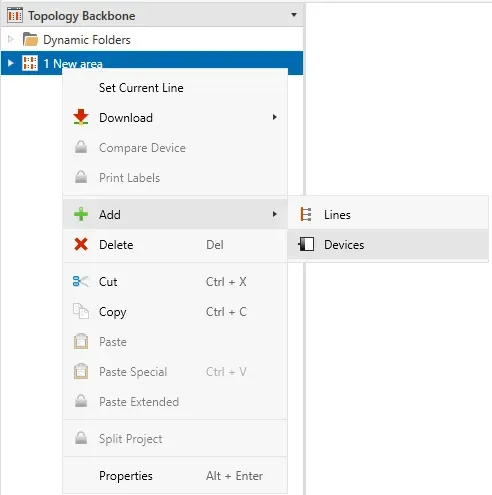 Right click on "**1 New area**" subitem and select "**+ Add**" button from the dropdown list, and click on "Devices" button.